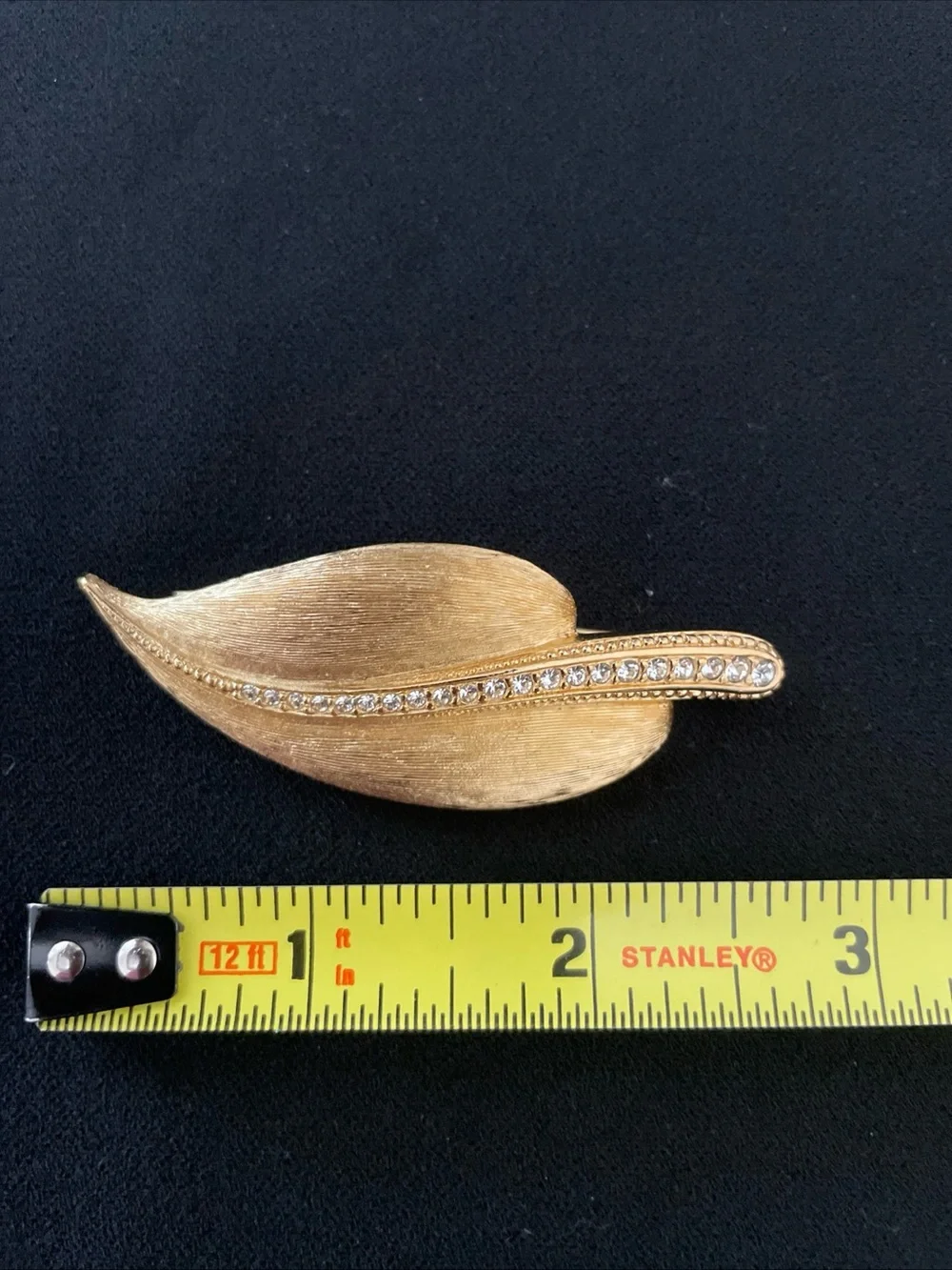 Gold Tone Rhinestone Leaf Brooch Vintage Style